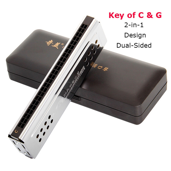 2-in-1 Tremolo Harmonica Mouth Organ Key of C&G 24 Double Holes with 48  Reeds Free Reed Wind Instrument