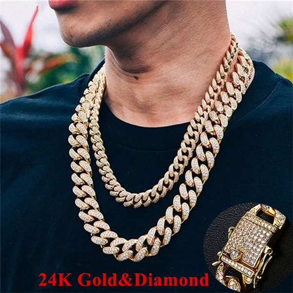 2019 Fashion Men Women 24K Gold / 925 Silver / 18K Gold Diamond Necklace  Punk Style Titanium Steel Cuban Link Chain