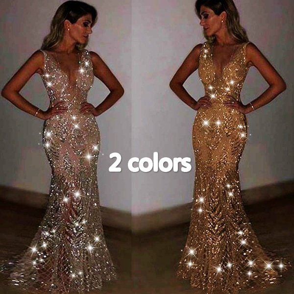 Luxury Gold Sequins Sparkly Mermaid Evening Dresses V Neck Bling Prom party Gown 