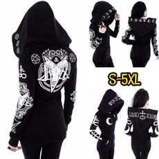 Women Fashion Black Gothic Hoodie Punk Style Hooded Coat Cool  Printed Sweatshirt Cosplay Jacket Plus Size