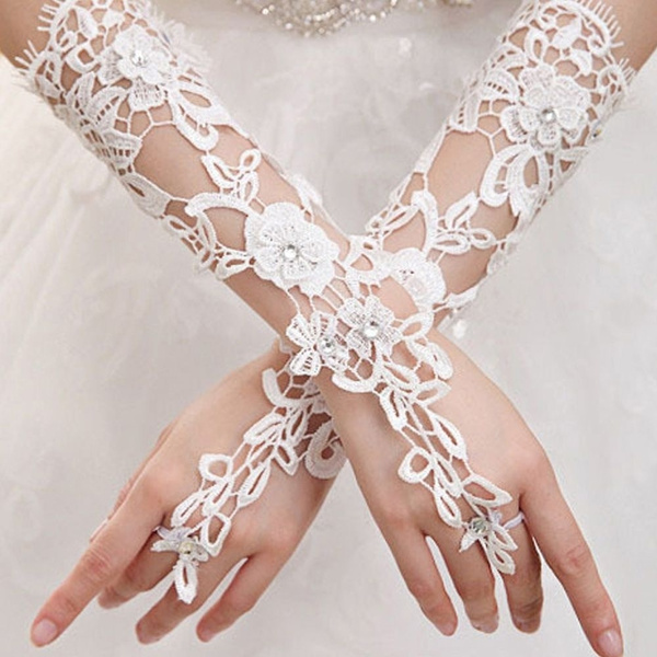 Lace Flower Wedding Party Rhinestones Fingerless Gloves Indoor Decoration Prom