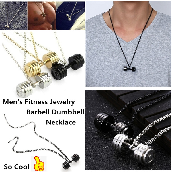 AMGJ Mens Barbell Dumbbell Pendant Weightlifting Fashion Stainless Steel Fitness Gym Chain Necklace