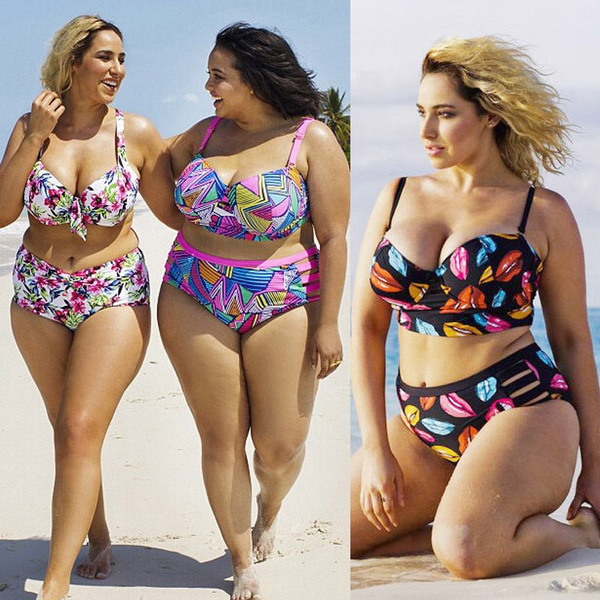 Plus Size Swimwear Women High Waist Bikini Set Push Up Padded Bra Swimsuit  Bathing Beach Suit