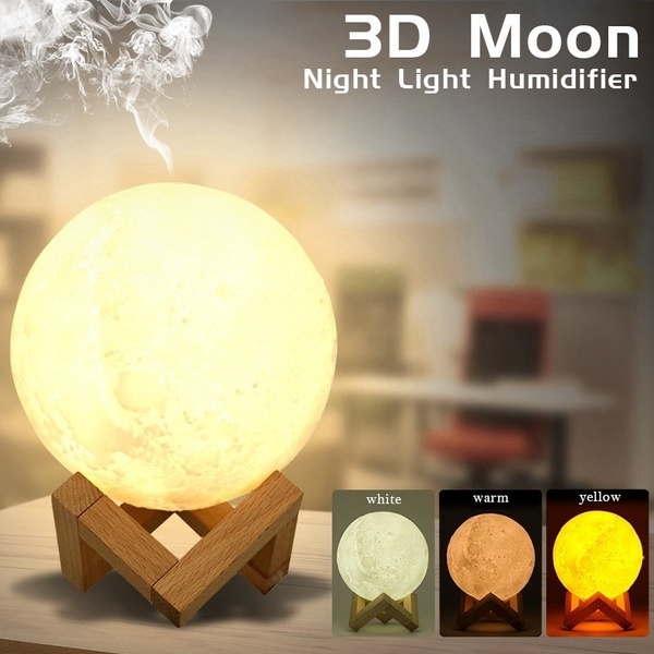 Prenine 880ML USB Humidificateur Moon Lamp 3D 2 Mode Diffuseur Aroma Huile Essentielle De Changement De Couleur Nuit Purifier Cool Mist avec Support en Bois