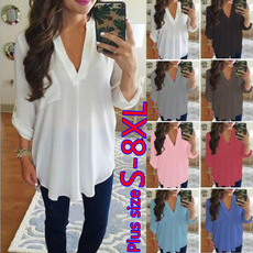 Plus Size S-8XL Women's Fashion Casual Chiffon Tops V-neck Solid Color Ladies Sexy Long Sleeve Shirt Loose Tops T Shirt Blouse