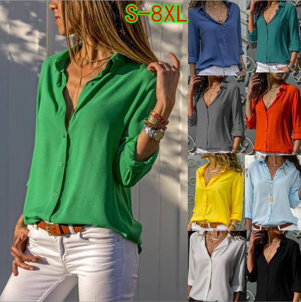 Plus Size S-8XL Women Casual Long Sleeve Shirts Solid Color Sexy Deep V ...