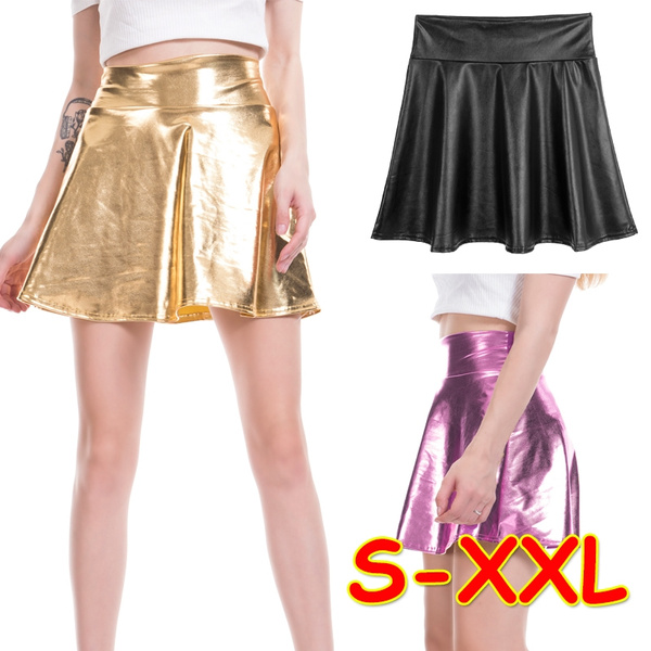 BLACKWomen Lady Satin Shiny Mini Skirt Pleated Retro High Waist Club S~3XL 