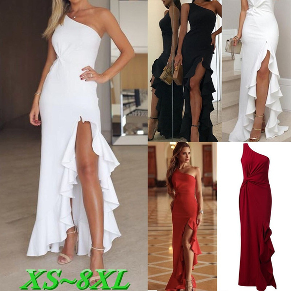 One shoulder twisted ruffles slit store hem dress