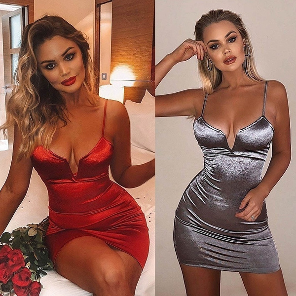 Women Above Knee Sexy Sleeveless V-Neck Bodycon High Slit Dresses Ladies  Spaghetti Strap Solid Club Evening Party Sheath Mini Dress