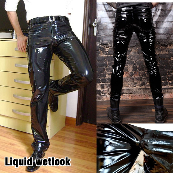 Black Wet Look latex Men Pants Liquid Trousers for Men Motorcycle Leather  Pants Rock Style Pants