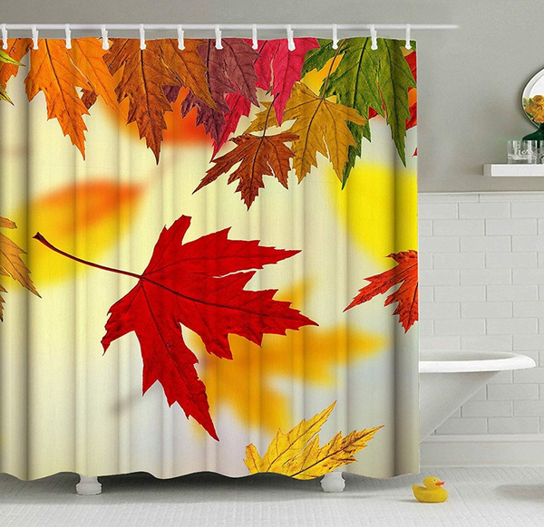 72 in Shower Curtain Maple Forest Decor Set Golden Autumn Bath Curtains 12 Hooks 