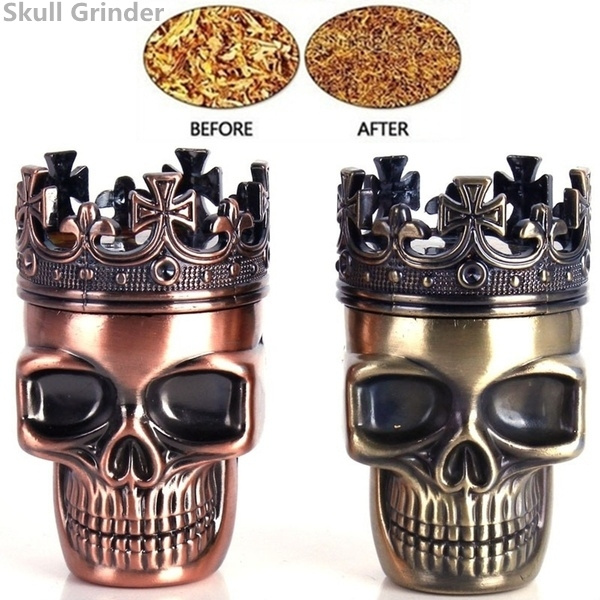 Pinnacle-Roi Skull Design Métal tabac Herb Spice Grinder Crusher 3 Partie main Muller Pollen Catcher