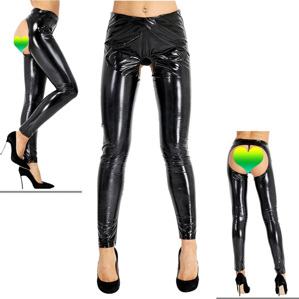 Women Wetlook Open Crotch Tights Pants 