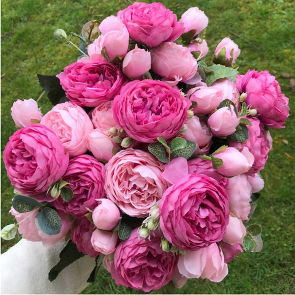 Artificial Silk Peony Flowers Bouquet Fake Leaf Wedding Party Home Decoration X1 
