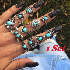 4/6/10/11 Pcs/Set Vintage Bohemian Crown Starfish Turquoise Ring Set Beach Crescent Shell Turtle Owl Crystal Rings Sets Party Jewelry Accessories