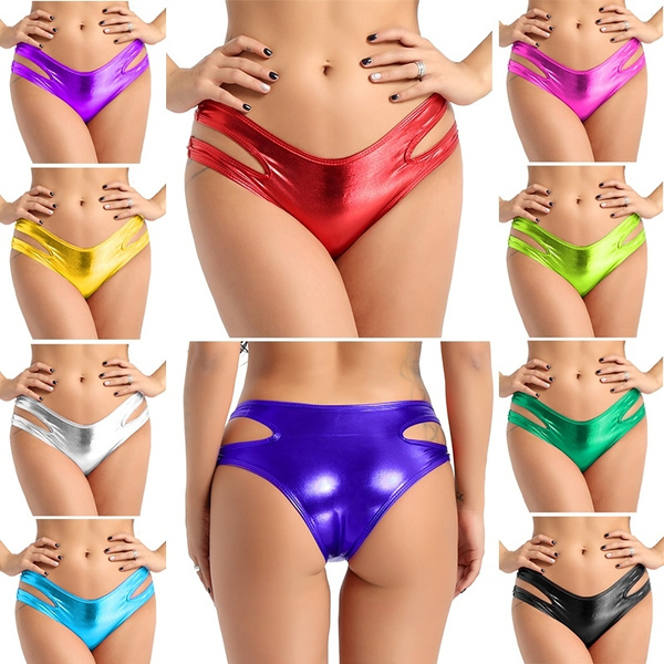 Women Shiny Wet Look Metallic Side Cut Out Panties Bikini Shorts