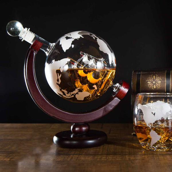 CKB Ltd Globe Decanter With Cradle Holder & Glass Cork Lid- Hand Blown Rum Tequila & More Scotch Ideal For Vodka Whiskey Holds Up To 1 Litre 