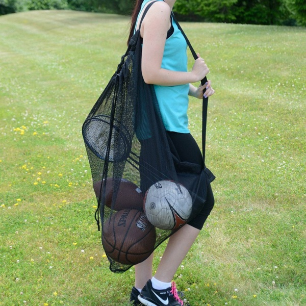 Sports Ball Bag Drawstring Mesh w/ Shoulder Strap Large Capacity Outdoor 