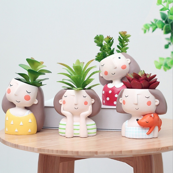 Green Plant pots Cute Head Flower 