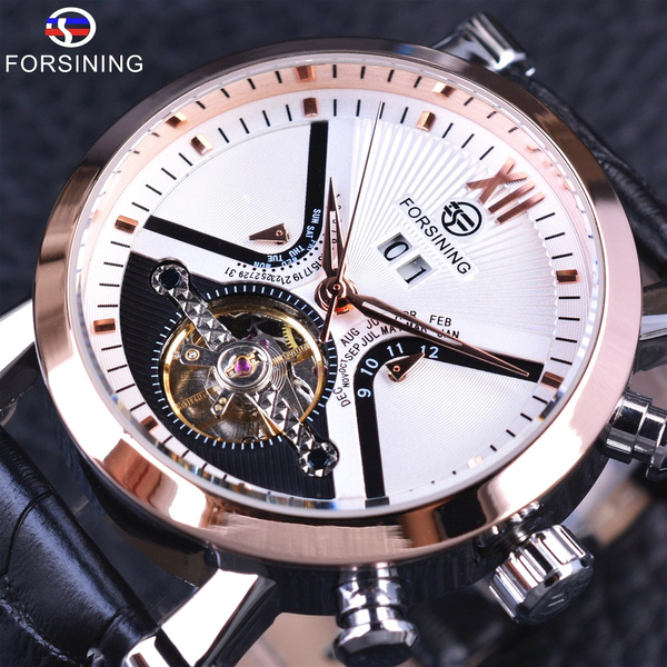 Forsining Tourbillon Mechanical Male Watches Automatic Moon Phase Half  Design Black Leather Strap Watch Brand Relogio