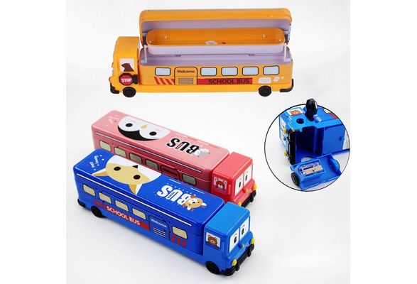 WISHKEY Bus Pencil Box For Kids With Movable Wheels