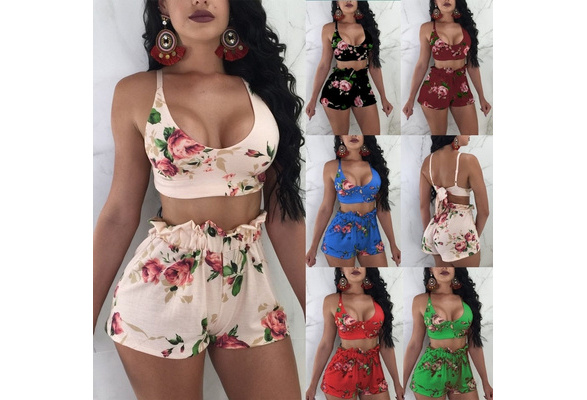 Summer Casual Beach Outfits Flower Print Crop Tops And High Waist Shorts  Two Piece Sets