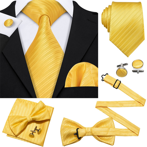 Yellow Bow tie Necktie Hanky Cufflinks for Men Striped Solid Party ...
