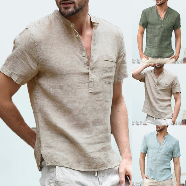 EspTmall Men Summer Shirt Fashionable Mens Baggy Cotton Linen Button Retro Comfortable V Neck Tops Clothing Army Green XXXL United States
