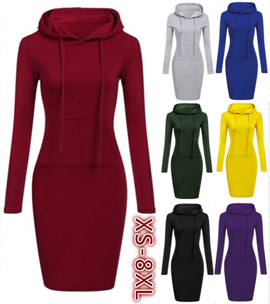 Fashion Sweatshirt Dresses for Women Pocket Hooded Casual Dress Solid ...