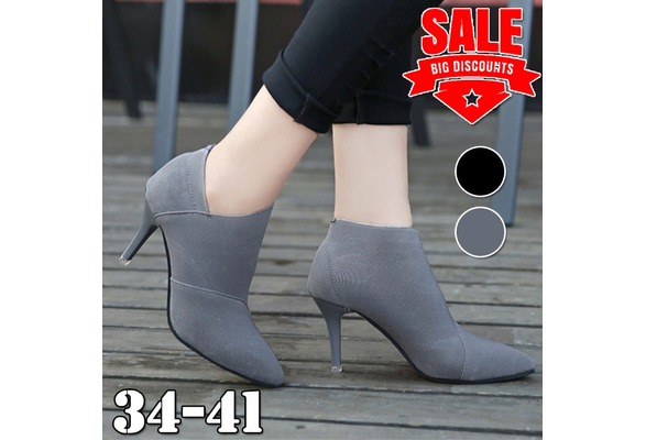 Women Grey Short Boots Pointed Toe Heels Ankle Boots Female Grey