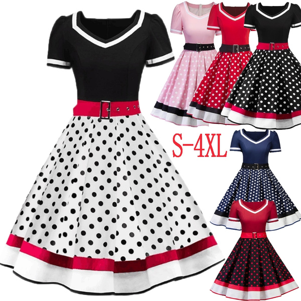 S-4XL Retro Style Pin up Polka Dot Patchwork Slim and Fit Tunic Bodycon ...