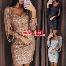 Long Sleeve Sequin Dress Women Tassel Lantern V Neck Bodycon Dress Elegant Party Dress Plus Size XS-8XL