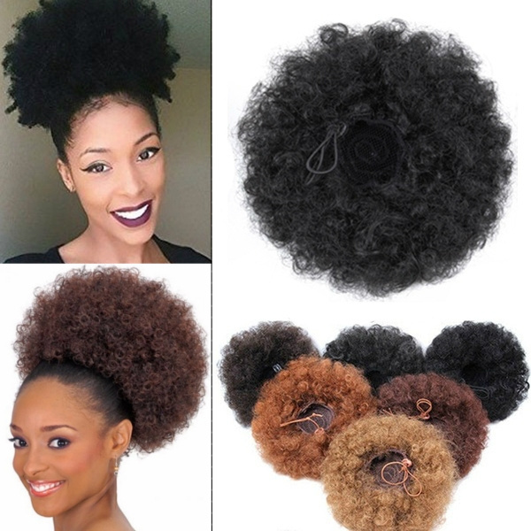 4 Colors Short Afro Kinky Curly Ponytail Drawstring High Puff Clip In ...