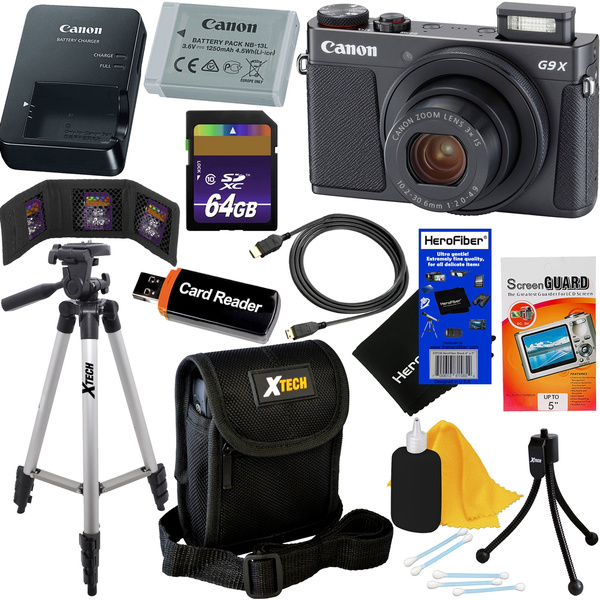Canon PowerShot G9 X Mark II Advanced Digital Camera w/1” Sensor, DIGIC 7 Processor, Wi-Fi, NFC, Bluetooth (Black) + 64GB Deluxe Accessory Kit w/HeroFiber Cloth |