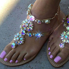 New Fashion Women Summer Flats Sandals Slip on Shoes  Rhinestone Crystal Sandals Cool Flip Flops Gladiator Sandals Plus Size 35-43