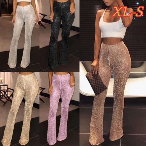 New Women's Glitter Sequin High Waisted Stretchy Bell Bottom Flared Pants  Wide Leg Bell Pants Sequin Flare Dress Pants