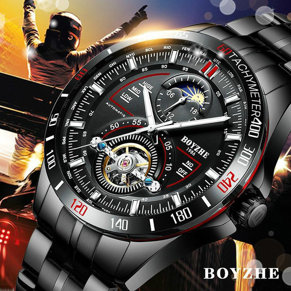 BOYZHE Men Black Watch Tourbillon Mechanical Watch Full Steel