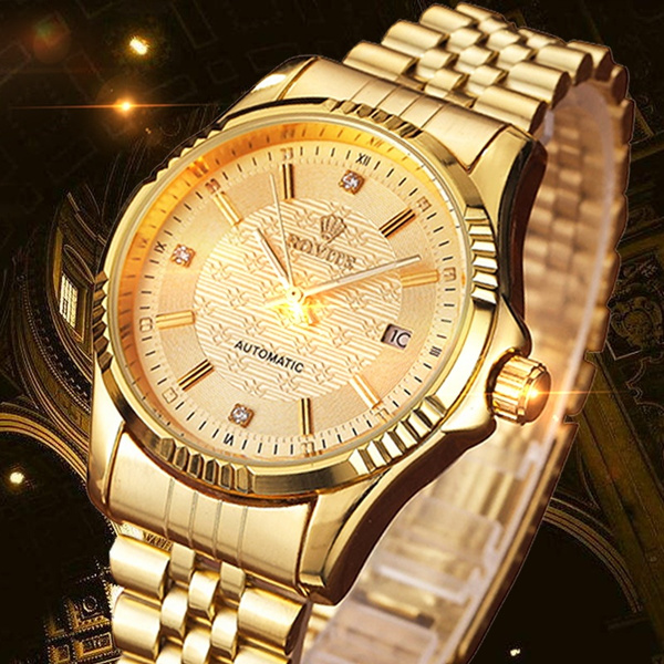 Rovite Men Automatic Mechanical Watches Golden Business Full Stainless Steel Wristwatches