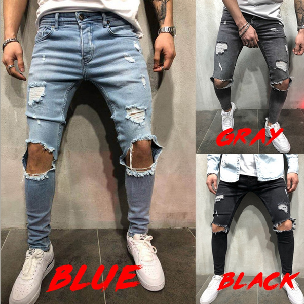 Men's Jeans Faded Out Knee Skinny Fit Casual Pants Wish