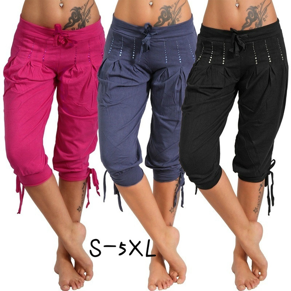 2019 New Fashion Women Low Waist Drawstring Loose Capri Pants 3/4 Pants  Summer Cropped Pants Pure Cotton Trousers Vintage Loose Yoga Harem Pants  S-5XL