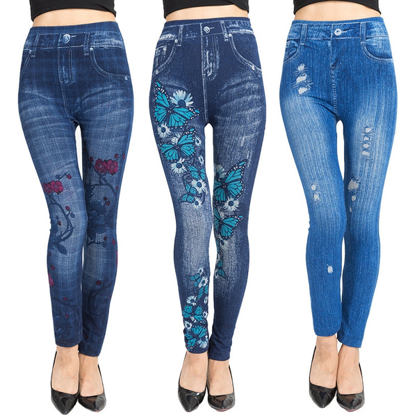 New Brand Women's Denim Print Fake Jeans Look Like Leggings Sexy Stretchy  High Waist Slim Skinny Jeggings Лосины Для Фитнеса - Leggings - AliExpress