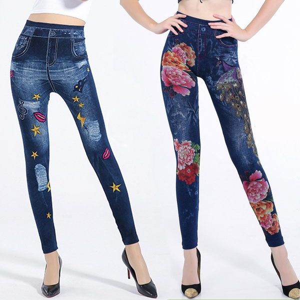 CLOYA Women's Denim Print Fake Jeans Seamless Full Length Leggings,  Blue/Rustic Bundle, XX-Large : Amazon.in: Clothing & Accessories