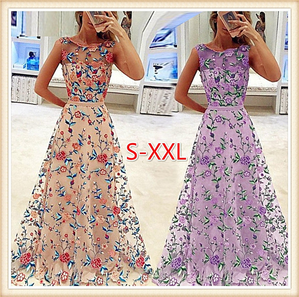 Sleeveless Long Prom Dress With Flowers Cute Evening Party Gowns