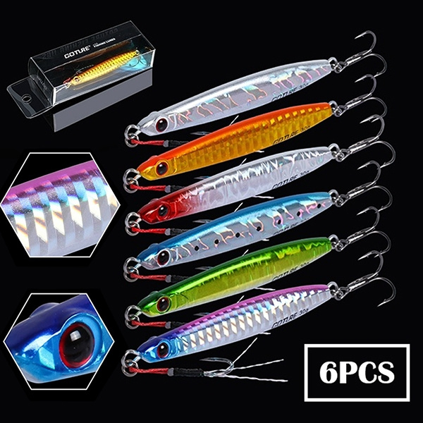 Goture 6Pcs 20g/30g Slow Pitch Metal Jigs Lead Vertical Jigging Lure With  Assist and Treble Hook for Fishing