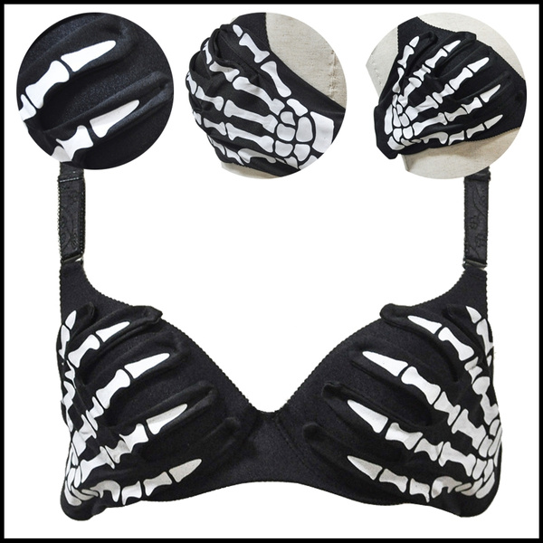 Black With White Skeleton Hands Pattern Punk Gothic Bras For Women