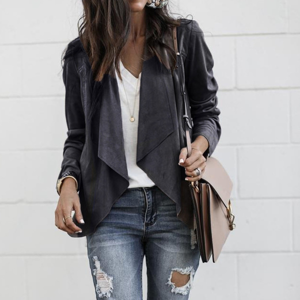 Women Long Sleeve Leather Open Front Short Cardigan Suit Jacket Work Office Coat 