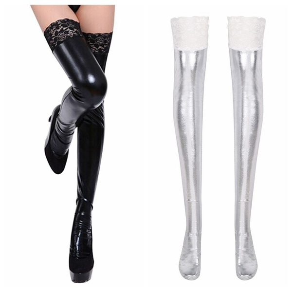 Women Ladies Latex Over The Knee Thigh Socks Stay Up Stockings Wish