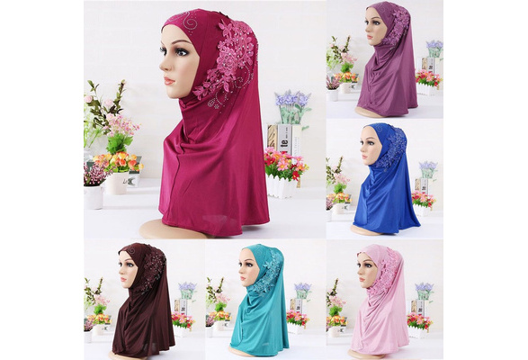 Shawl Flower Islamic Lace Muslim Scarf Rhinestone Hijab Turban Headscarf 