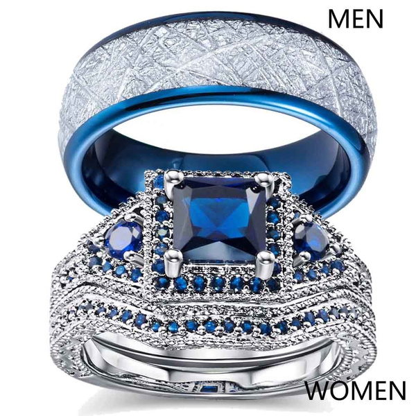 Gy Jewelry 3pc His and Hers Wedding Ring Sets Couples Rings Womens White Gold Plated Blue Sapphire Cubic Zirconia Wedding Engagement Ring Bridal Sets & Mens Stainless Steel Wedding Band 