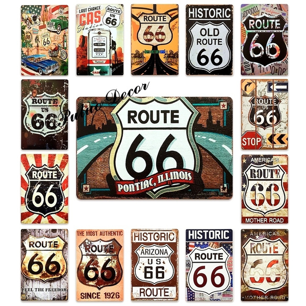 ROUTE 66 Vintage Tin Signs Bar Garage Cafe Man Cave Wall Signs Metal ...